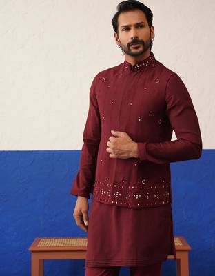 Maroon mirror embroidered jacket kurta set 2