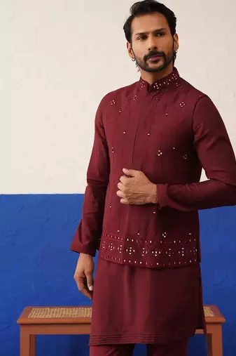Maroon mirror embroidered jacket kurta set
