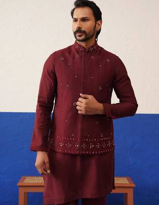Maroon mirror embroidered jacket kurta set 3