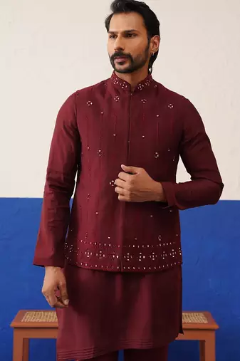 Maroon mirror embroidered jacket kurta set