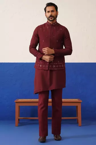 Maroon mirror embroidered jacket kurta set