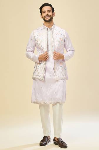 Purple embroidered silk kurta pajama with jacket