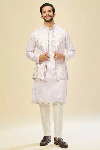Purple embroidered silk kurta pajama with jacket