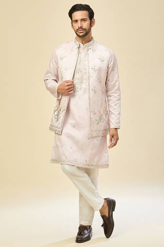 Pink embroidered silk kurta pajama with jacket