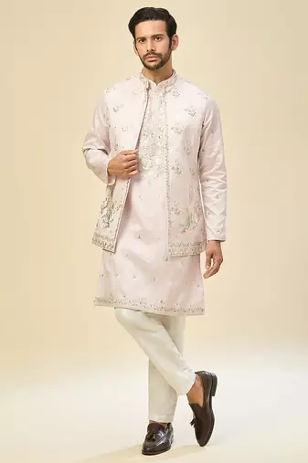 Pink embroidered silk kurta pajama with jacket