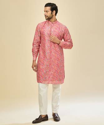 Pink printed cotton silk kurta pajama 1
