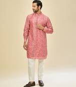 Pink printed cotton silk kurta pajama