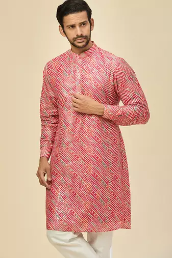 Pink printed cotton silk kurta pajama