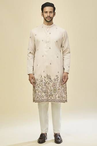 Beige embroidered crepe kurta pajama