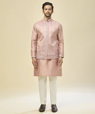 Pink embroidered silk kurta pajama with jacket 1