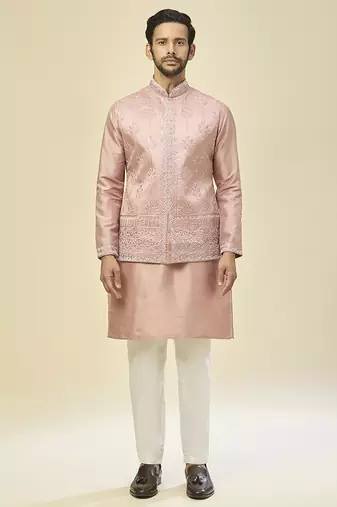 Pink embroidered silk kurta pajama with jacket