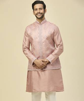 Pink embroidered silk kurta pajama with jacket 2