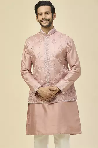 Pink embroidered silk kurta pajama with jacket