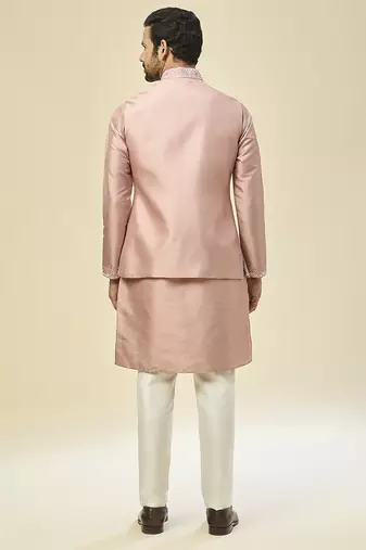 Pink embroidered silk kurta pajama with jacket