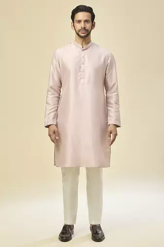 Pink embroidered silk nehru jacket with kurta pajama