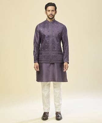 Purple embroidered silk nehru jacket with kurta pajama 1