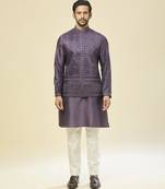 Purple embroidered silk nehru jacket with kurta pajama