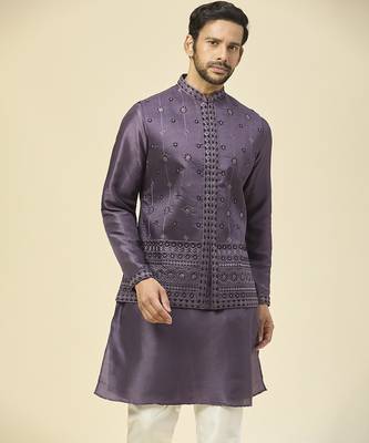 Purple embroidered silk nehru jacket with kurta pajama 3