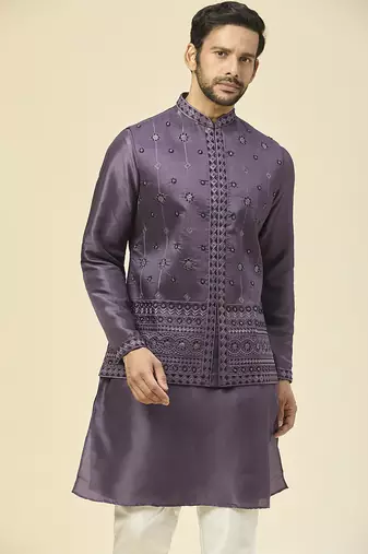 Purple embroidered silk nehru jacket with kurta pajama