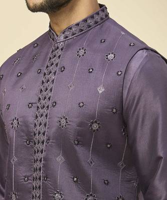 Purple embroidered silk nehru jacket with kurta pajama 4