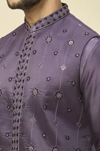Purple embroidered silk nehru jacket with kurta pajama