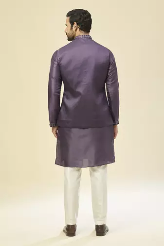 Purple embroidered silk nehru jacket with kurta pajama