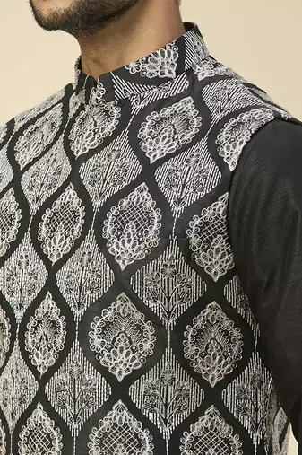 Black embroidered silk nehru jacketwith kurta pajama