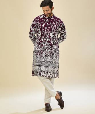 Purple embroidered georgette kurta pajama 1