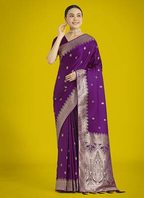 Divine purple soft banarasi satin silk blend saree with blouse piece 1
