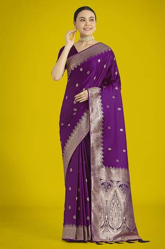 Divine purple soft banarasi satin silk saree with blouse piece