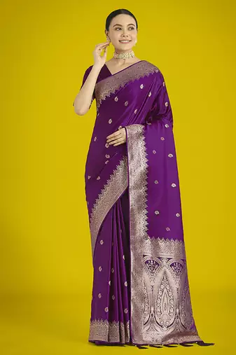 Divine purple soft banarasi satin silk saree with blouse piece
