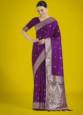 Divine purple soft banarasi satin silk blend saree with blouse piece 2