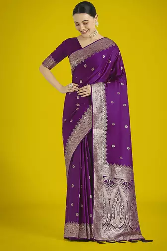 Divine purple soft banarasi satin silk blend saree with blouse piece