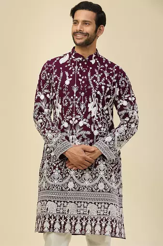 Purple embroidered georgette kurta pajama