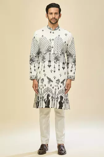White embroidered cotton silk kurta pajama