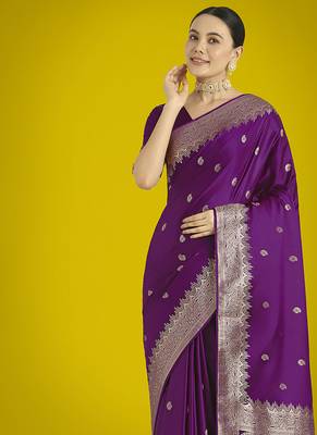 Divine purple soft banarasi satin silk blend saree with blouse piece 3