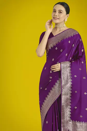 Divine purple soft banarasi satin silk blend saree with blouse piece