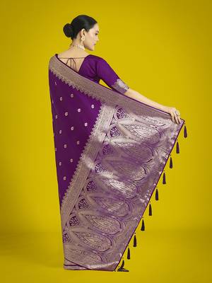 Divine purple soft banarasi satin silk blend saree with blouse piece 4