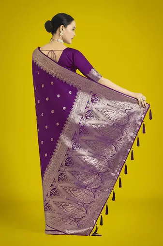 Divine purple soft banarasi satin silk blend saree with blouse piece