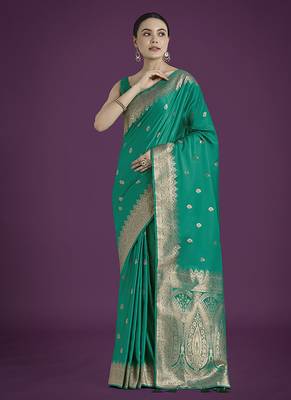 turquoise banarasi satin silk blend zari woven saree with blouse piece 1