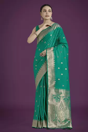 Divine turquoise soft banarasi satin silk saree with blouse piece