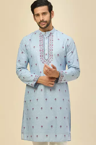 Blue embroidered crepe kurta pajama