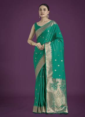 turquoise banarasi satin silk blend zari woven saree with blouse piece 2