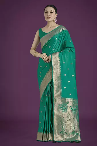 turquoise banarasi satin silk blend zari woven saree with blouse piece