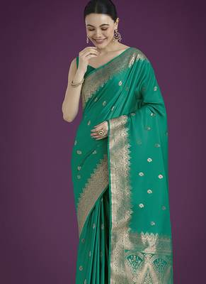 turquoise banarasi satin silk blend zari woven saree with blouse piece 3