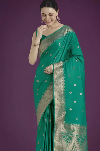 turquoise banarasi satin silk blend zari woven saree with blouse piece