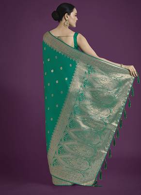 turquoise banarasi satin silk blend zari woven saree with blouse piece 4