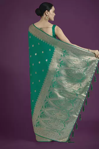 turquoise banarasi satin silk blend zari woven saree with blouse piece