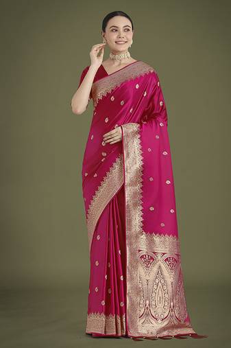 Divine rani pink soft banarasi satin silk saree with blouse piece