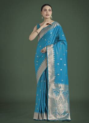 cyan blue banarasi satin silk blend zari woven saree with blouse piece 1